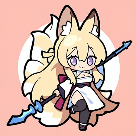 1girl, 
solo, simple background, white background, chibi, full body, pose, black legwear, blonde hair, smile, standing, multiple tails, large breasts, holding, cleavage, dress, animal ear fluff, :3, animal ears, polearm, fox ears, white dress, purple eyes, fox girl, breasts, sidelocks, long hair, holding weapon, large tail, standing on one leg, tail, hair between eyes, holding polearm, blush stickers, detached sleeves, closed mouth, looking at viewer, weapon,
masterpiece, best quality, very aesthetic, newest, absurdres, incredibly absurdres
 <lora:luodedaonoob-000006:1>