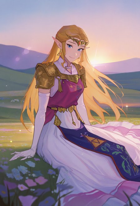 1girl, solo, outdoors, hill, sunset, lens flare, sitting, on ground, grass, flower, looking at viewer, smile, 
blonde hair, long hair, sidelocks, blue eyes, pointy ears, gold tiara, earrings, gold armor, shoulder armor, long dress, white dress, magenta tunic, sleeveless tunic, tabard, elbow gloves, white gloves, 
masterpiece, best quality <lora:AmiThompson-adafactor-guy90:1>, nosima, <lora:ootzelda-illu-nvwls-v1:1>, ocarzld
