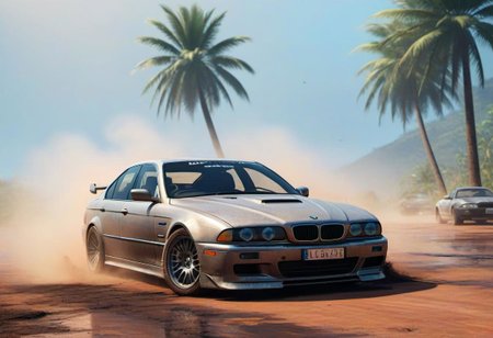 BMW e39 3, scratches, rainbow dust, fog, dirt, very beautiful, car on the island, by the fire, against the backdrop of a palm tree, the car is covered in mud and creaks, water on the ground, 3d rendering, cyberpunk, car with an American sports cars, street racing, perfect image, vibrations, game asset , symmetrical, tuner, modified car, wide body, tram, street racing, 4k, modding culture, photorealistic, high detail, game ready, other car racing, city life