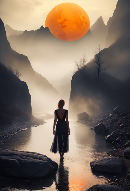 An atmospheric surreal landscape featuring a mysterious woman standing on rugged rocky terrain, facing a large glowing orange sun low on the horizon. In front of the woman is a water stream shrouded by mist. The sun appears to be drowning in this misty stream. 
BREAK,
The scene is set in a narrow valley with towering rocky mountains in the background, shrouded in mist. Soft, diffused lighting creates a dreamlike ambiance, with a moody overcast sky. The water below reflects the orange glow of the sun, adding subtle illumination to the rocky foreground. 
BREAK,
The (woman's silhouette is prominent, with a dark, flowing dress, standing still) as she gazes at the glowing sun. Wide depth of field, with soft shadows and a balanced exposure to enhance the contrast between the mist, sun, and mountains, photography in the style of Guy Aroch, Chiaroscuro Lighting Style