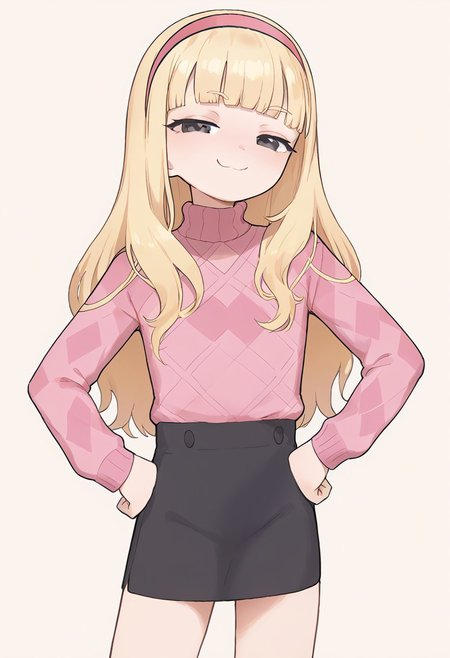 score_9, score_8_up, score_7_up, score_6_up, 
1girl, kendall perkins, blonde hair, blunt bangs, black eyes, long hair, pink hairband, argyle sweater, long sleeves, black skirt, perfect hands, smug, posing, flat chest, solo, simple background, half closed eyes, hands on hips