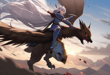 SKY, CLOUDS, MOUNTAINS BACKGROUND, HIGH SPEED, 1girl, fox girl, big breast,  blood stains, bandaged hands AND FEETS, floating hair, bruises, red eyes, white hair,  absurdly long hair, LIGHT BLUE WIND ARMOR, ATTACK POSITION, HOLDING A BIG AXE, FLYING ON THE BACK OF A GIANT BROWN EAGLE