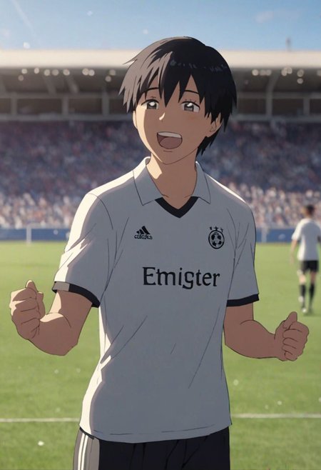 Highres, Masterpiece, High Quality, 4K, 8K, solo, 1Boy, Takaki Toono, adult, black hair, short hair, Soccer Boy, soccer player, field, happy, tired, celebration, sunny day, easynegative, detailed_eye_model