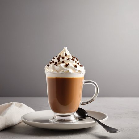 Advertising poster style,  <lora:Advertising:1.5>
A creative photo of  a cup of coffee with whipped cream and a spoon advertising style, Professional, modern, product-focused, commercial, eye-catching, highly detailed