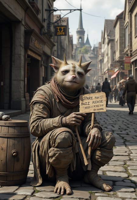 An extremely detailed and surrealistic depiction of a Khajiit beggar from Skyrim, set on a bustling city street in a fantasy medieval world. The Khajiit is scruffy and worn, with patchy fur, tattered robes, and a weathered, desperate expression. They are sitting on cobblestone streets near an old wooden barrel, holding a crudely made sign that reads, "Spare some buzz please. Need to buy skooma." The background features stone buildings with Nordic architecture, shop signs, and NPCs walking by, ignoring the beggar. (aidmaimageupgrader, aidmaMJ6.1),