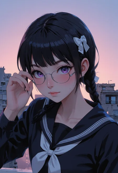 p0st_1mp4ct style, Niji Stan Katayama Style, 1girl, solo, long hair, looking at viewer, blush, bangs, shirt, black hair, bow, ribbon, closed mouth, school uniform, purple eyes, hair ribbon, upper body, braid, hair bow, sidelocks, touching glasses, serafuku, sailor collar, black shirt, single braid, black bow, black-framed eyewear, black sailor collar, black serafuku, rooftop background, dusk, <lora:Evangelion_Post-impact_Apocalyptic_Style_Flux.1_D_by_AutoPastel-000019:0.50> <lora:Hand v2:0.76> <lora:Dark_Gray_Photography_flux:0.21> <lora:Niji B:0.88> <lora:Flux_Japanese_JK_SchoolUniform_style1_v2:0.70>