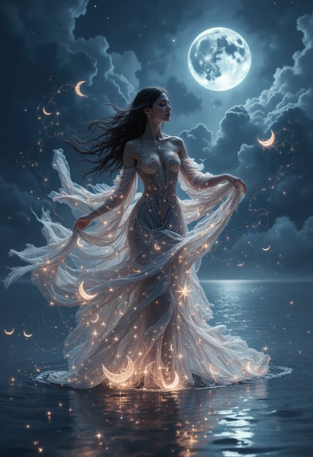 surrealist art An ethereal, high-detail digital painting of a serene, beautiful young woman with long, flowing dark hair, dancing gracefully on a still, reflective water surface under the moonlight to classical music . She wears a delicate, sheer gown that glimmers with soft, celestial light, as if woven from stardust, adorned with crescent moons and musical notes that glow softly, evoking a dreamlike, otherworldly atmosphere. Her expression is calm and introspective, with eyes cast down in a meditative state. she is surrounded by magical glowing musical notes that swirl around her. The full moon glows brightly in the sky, illuminating the scene with a soft, silvery-blue light. Small sparkling stars and crescent moons float around her, and the water beneath reflects her radiant, ethereal beauty, blending the scene with gentle ripples. The overall mood is magical, melancholic, and serene, capturing the essence of a classical nocturne
. dreamlike, mysterious, provocative, symbolic, intricate, detailed . High dynamic range, vivid, rich details, clear shadows and highlights, realistic, intense, enhanced contrast, highly detailed
<lora:aidmaFLuxPro1.1_v0.3:0.7> <lora:FLUX-daubrez-DB4RZ-v2:0.5> DB4RZ <lora:FredFraiStyle-FLUX-Share:0.8>