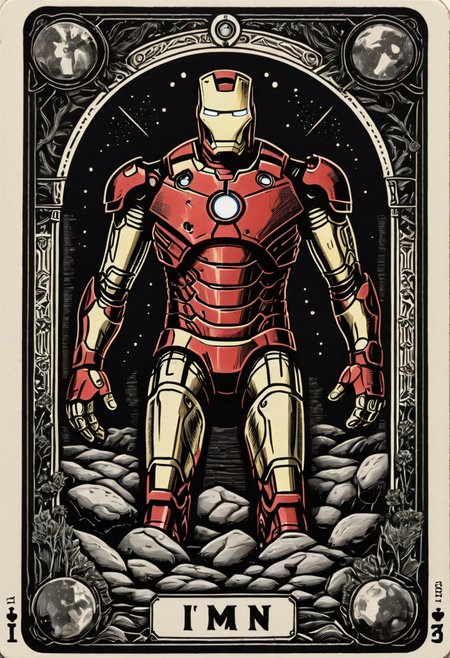 tarot_card, Ironman, front perspective, flat, frame,( square:1.1), (white outline:1.2)  <lora:tarot_card:1>