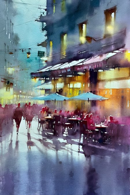 Watercolor masterpiece,city street scene,corner outdoor cafe,dusk,impressionist art paintings by Jeremy Mann,Miles Johnston,Alasdair McLellan,Daniel Merriam,Peter Glick,Darius Klimza,gorgeous art,beautifully lit,surreal,ethereal,exquisite details,brilliant,wonderful,outstanding,amazing colors,mysterious,watercolor wash,<lora:Watercolor _sdxl:1.6>,Watercolor style,