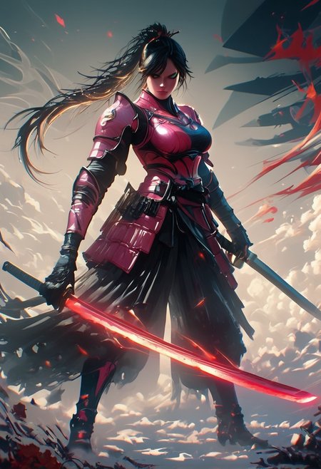 score_9, score_8_up, score_7_up, hkwarrior, Inkblast, A warrior holding a sword, realistic, female, large breasts, pink armor, full body, perfect face, beautiful face, long black hair,  straight hair, ponytail, perfect eyes, perfecteyes, green eyes, detailed background, in combat, warriors fighting around her,