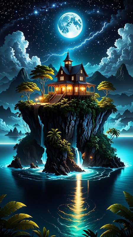 Isolated tiny island at the middle of the ocean with an extremely luxurious villa surrounding a creepy jungle at night, night photography, nocturnal beauty, city lights, starry skies, celestial wonders, moonlit landscapes, urban glow, capturing the essence of darkness, ethereal atmosphere, dramatic shadows, magical ambiance, long exposure techniques, expert use of light sources, surreal photography, dreamlike imagery, subconscious exploration, bending reality, imaginative narratives, juxtaposing elements, evoking wonder and awe, transcending boundaries, challenging perceptions, fantastical landscapes, otherworldly atmospheres, Modernism illustration style, embraces experimentation and abstraction, breaks away from traditional representation, explores new forms and techniques, reflects the spirit of innovation and progress., Fantasy illustration style, transports viewers to imaginative worlds, epic landscape, and heroic adventures, sparks wonder and inspiration