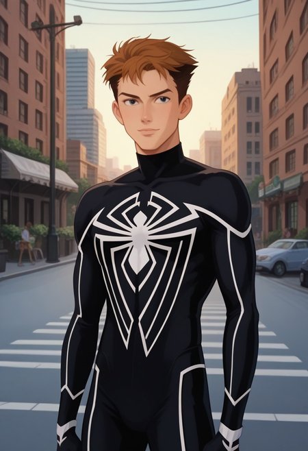 score_9, score_8_up, score_7_up, score_6_up, score_5_up, zPDXL3, zPDXLrl, source_anime, masterpiece, newest, highly detailed, absurdres, rating_safe, solo, 1boy, male focus, spiderman, black costume, outdoors, brooklyn, new york city, slim, skinny, perfect face, cowboy shot, standing, intricate detail, petite, twink, anime_screencap, posing for camera,