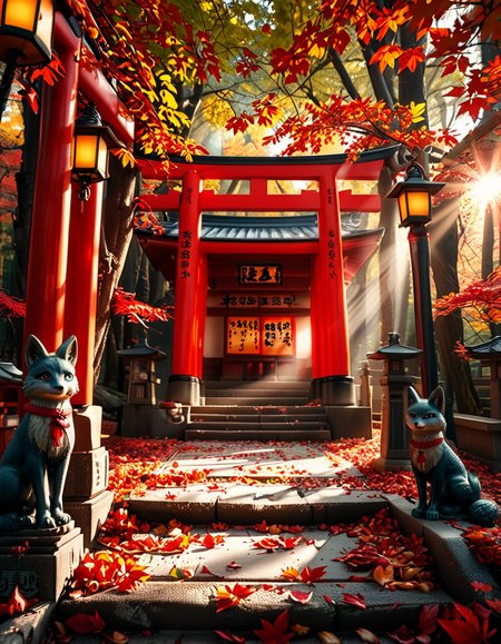 A breathtaking Inari shrine hidden within a serene Japanese forest during autumn. The scene is illuminated by the soft glow of traditional stone lanterns, casting warm golden light on the vibrant red torii gates that form a mesmerizing tunnel leading up the shrineâs stone steps. The ground is covered with delicate fallen maple leaves in shades of crimson, orange, and yellow. Kitsune (fox) statues with intricate details guard the entrance, wearing red bibs symbolizing their sacred role. The shrineâs wooden structure is adorned with ancient calligraphy and shimenawa ropes, exuding a mystical and spiritual atmosphere. Sunlight filters through the dense foliage, creating a tranquil interplay of light and shadow. The air feels crisp and filled with a sense of reverence and peace. The image is captured in a hyper-detailed, photorealistic style, with high dynamic range lighting enhancing the depth and richness of the colors.
<lora:SDXLFaeTastic2400:0.4> <lora:extremely_detailed:0.4> extremely detailed, <lora:Inari_shr1n3:1>,Inari shr1n3, Masterpiece,best quality,hi res,8k,hi res,8k,award winning,(sharp focus, intricate, highly detailed),