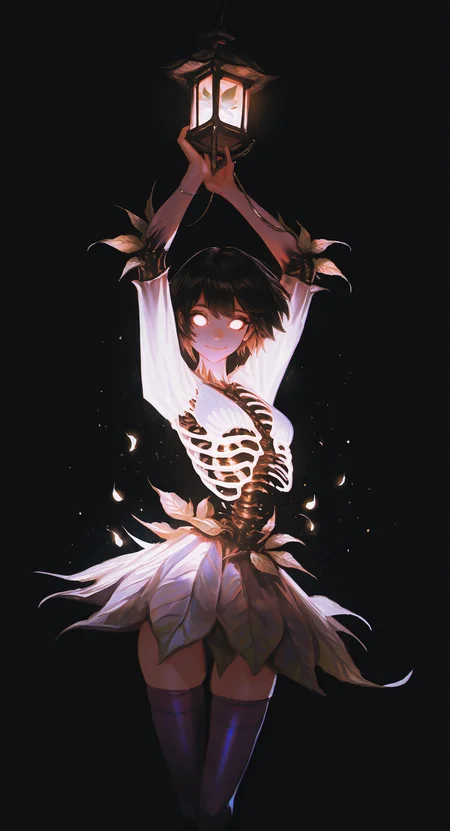 masterpiece, best quality, Good quality, very aesthetic, absurdres, newest, 1girl, solo, looking_at_viewer, smile, short_hair, simple_background, black_hair, dress, thighhighs, holding, full_body, black_thighhighs, arms_up, glowing, leaf, black_background, monster_girl, light_particles, glowing_eyes, lantern, purple_thighhighs, dark, white_eyes, no_pupils, ribs, holding_lantern <lora:ponyv5_noobE11_1_adamW-000013:0.8> <lora:USNR_STYLE_XL_lokr:1>