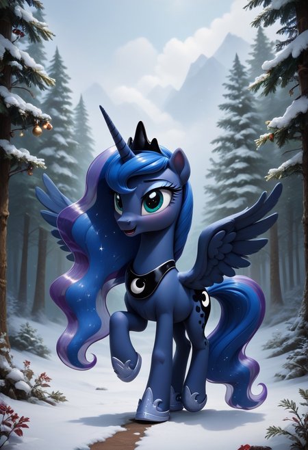 score_9, score_8_up, score_7_up, ( princess Luna mlp1.2), cute very fuzzy, necklace forest background  full body view cutie mark snow on the ground Christmas tree wearing a blue cloak and tiara and necklace and sliver horse shoes in the rainforest