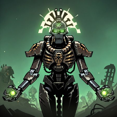 masterpiece, best quality, <break> , solo, 1other, (((necron))), (((glowing))), (((robot))), (((green eyes))), ((warhammer 40000))), 
 looking at viewer, standing, 
(((vanripper))), 
<lora:VanripperIllustriousXL_byKonan:1>