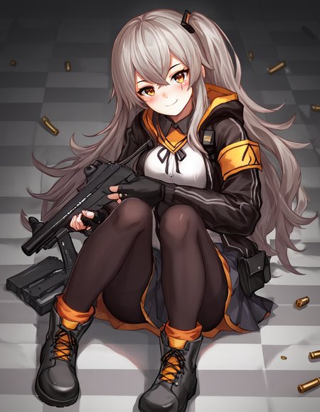 score_9, score_8_up, score_7_up,
u45gf, official_costume, argyle background, blush, breasts, bullet, checkered, checkered background, checkered floor, closed mouth, grey hair, gun, h&k ump, head tilt, heckler & koch, holding, holding gun, holding weapon, knees up, looking at viewer, object namesake, shell casing, smile, submachine gun, suppressor, trigger discipline, weapon, solo, sitting, footwear, ranged weapon, digital media \(artwork\)
 <lora:ump45:1>