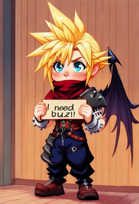masterpiece, best quality, amazing quality, very aesthetic, absurdres, newest, (volumetric lighting),highly detailed, high quality, hyper-Detailed, dynamic angle
khcloud, solo, blue eyes, blonde hair, 1boy, spiked hair, pants, armor, hair between eyes, covered mouth, scarf, chibi, full body. action pose, demon wings, single wing, bandages, need_buzz, holding sign
<lora:Cloud_Strife_Kingdom_Hearts_I_style:1>  <lora:DisneyLike:1>, masterpiece, best quality, amazing quality, very aesthetic, absurdres,  newest, (volumetric lighting)