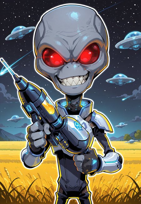 score_9, score_8, score_7, score_6_up, (crypto, 1boy, male, solo, alien, grey alien, big head, elongated head, red eyes, glowing eyes, sharp teeth, armor,) teeth, smiling, cowboy shot, three-quarters view, close-up, thumbs up, 2d, illustration, thick outline, shading, 4fingers, looking at viewer, red farm, field, night, outdoors, flying saucer, holding space gun, three-quarters view, cartoony, CS-BRYO,