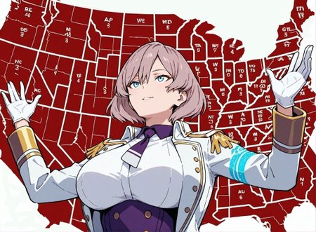 masterpiece,best quality,amazing quality,very aesthetic,absurdres,newest, huge filesize,
<lora:spo_sdxl_10ep_4k-data_lora_webui:0.5>,
map, united states, outstretched arms, upper body, red background, white background, english text, <lora:JebWinsMeme_illusXL_Incrs_v1:1>, 1boy, looking up, seductive smile,
BREAK
mujina, short hair, purple hair, blue eyes, long sleeves, white shirt, collared shirt, purple collar, purple corset, double-breasted, white jacket, open jacket, epaulettes, blue striped sleeves, white gloves, purple necktie, purple shorts, short shorts, white boots,  <lora:Mujina_ILXL:0.8>mujina (SSSS.DYNAZENON), 
huge breasts,