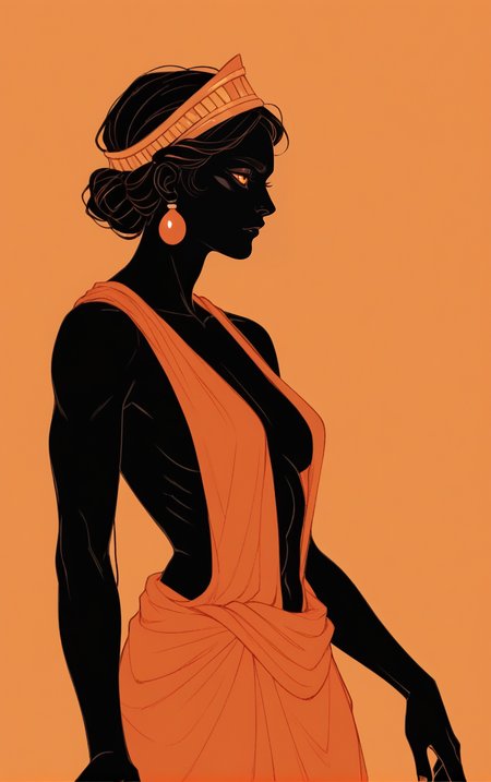 fullbody,
profile view,
 <lora:GreekPot-000008:1> greek pottery,
orange background, monochrome, vibrant color, orange eyes,
1girl, black skin,, score_9, score_8_up, score_7_up, score_6_up, score_5_up, score_4_up, BREAK
