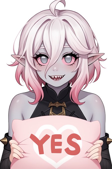 score_9, score_8_up, score_7_up, score_6_up, BREAK, BriarLoLXLv2, grey skin, colored skin, no pupils, grey eyes, pink sclera, white hair, pink hair, two-tone hair, gradient hair, short hair, hair between eyes, ahoge, pointy ears, sharp teeth, medium breasts, bare shoulders, black thight dress, detached sleeves, black bandaged sleeves, looking at viewer, seductive smile, white background, YesNoPillowConceptPXL, upper body, yes, pink pillow, holding pillow <lora:YesNoPillowConceptPXL:0.9>  <lora:BriarLoLXLv2:0.8>