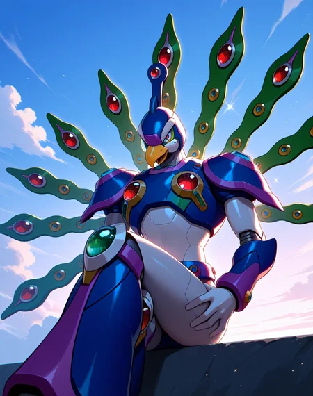 <lora:Cyber_Peacock_(Mega_Man_X)_(Illustrious)_(AD):1> Cyber Peacock, reploid, MMX, 
exterior, blue sky with clouds,
male focus, intense shadows, dynamic shadows, intricate details, attention to details, gradient coloring, bright vivid colors, robot, beak, sexy smile, half closed eyes, one leg in front of the other, seductive pose, crossing legs, 
BREAK very awa, masterpiece, best quality, amazing quality, very aesthetic, highres, absurdres, 
EZRealPONYXL, zPDXL, Smooth Quality, lazynsfw,
