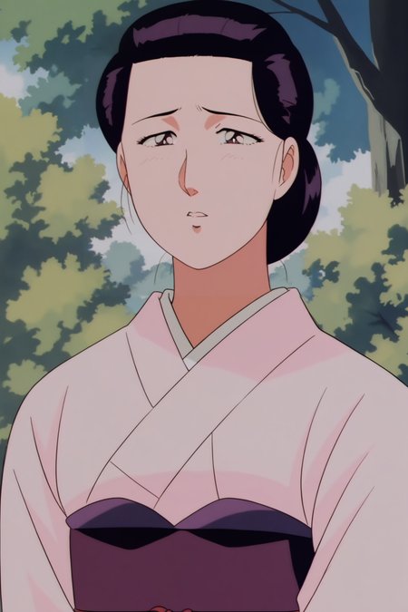 anime screencap,anime coloring,detailed face,masterpiece,best quality,very aesthetic,absurdres,official style,amazing quality,ultra detailed,highres,amazing quality,scenery,beautiful detailed hair,beautiful detailed eyes,
<lora:å·½ç´«ä¹-IL V1:1>,Xzn,solo,1girl,single hair bun,hair bun,black hair,retro artstyle,mature female,
japanese clothes,kimono,purple sash,obi,pink kimono,