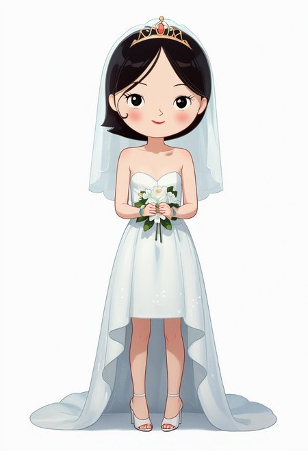 zPDXL3, source_cartoon, Perfect Hands, full body, 1girl, solo, saoirse, black hair, black eyes, blush, short hair, smile, Red Lipstick Full body, barefoot, Perfect Hands, perfect barefoot, perfect Small flat chest natural breasts; Wedding dress, Wedding veil, Golden tiara, white high heels sandals, white background looking at viewer,
