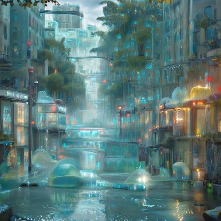 a detailed city street made out of slime, building, buildings made out of slime, ground vehicle, vehicles made out of slime, detailed scenery made out of slime, real world location, city street, city street made of slime,
everything made of slime, No simple background, ((slime tree)), detailed leaves, detailed bark texture, 
overcast sky, natural light, no bright spots, 
((translucent slime)), ((transparent slime)), made of water, (bioluminescent slime), sl1m3, slime, slime-morph, ais-blmn, saturated colors, no creatures, no humans, no monsters, no pokemon, scenery only, scenery, ral-lava, watce