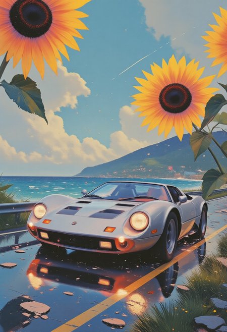 Jeddtlv3, aidmamj6.1, A shiny silver sports car cruising along a coastal road, with bright turquoise waters and oversized, surreal sunflowers swaying in the breeze