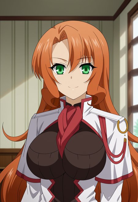 <lora:Rebecca_Randall-Seikoku_no_Dragonar:0.85>,Rebecca,1girl,solo,green eyes,long hair,orange hair,large breasts,uniform,upper body,looking at viewer,smile,indoors