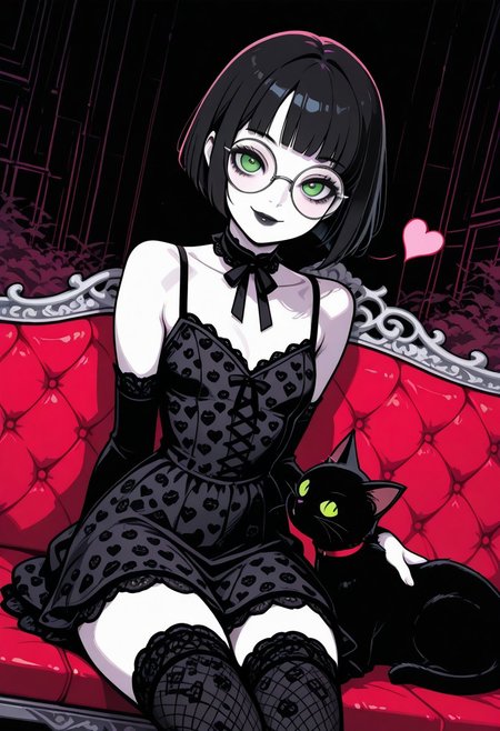 masterpiece, best quality, 32k, high resolution, absurdres, vector art, flat colors, s1n0p0pe, in the style of Jedpstgl, Impressionism,  Vaporwave,Pixel Art, Polly, PollyRH, short hair, bobcut, black hair, bangs, green eyes, small breasts, almost flat chest, slim, pale skin, big round eyeglasses, clear eyeglasses lenses, red, lip gloss, short goth dress, dark background, creepy background, abstracts, cowboy shot, looking at the viewer, holding an umbrella, hearts pattern umbrella, smiling, sitting on a bench, metal bench, thighhighs, black cat, goth attire, cuddling the cat, Dutch angle, blowing kiss, hand kissing,