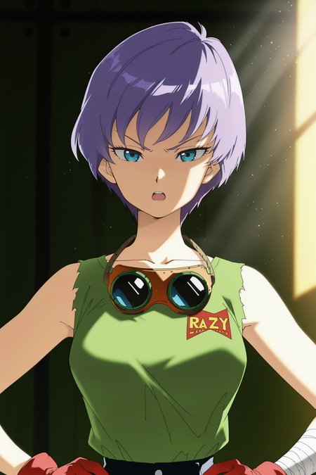 anime screencap, masterpiece, best quality, amazing quality, very aesthetic, absurdres,  newest, (scenery, volumetric lighting), official style, dappled sunlight, light particles, light rays,
colonel violet, official style, military clothing, 1girl, solo, looking at viewer, short hair, open mouth, blue eyes, sleeveless shirt, upper body, purple hair, torn clothes, bandaged arm, hands on hips, goggles, clothes writing, green shirt, goggles around neck, red gloves, v-shaped eyebrows, shirt tucked in, shadow, print shirt, logo print, eyelashes, english text, collarbone, dappled sunlight, light rays, 
 <lora:GirlsofDB_Pack1_IL:0.8>