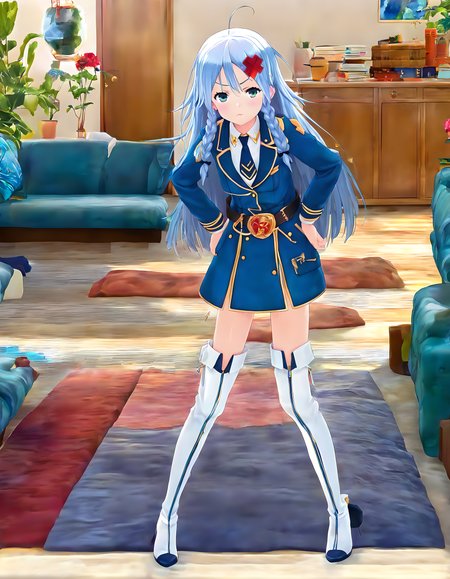 <lora:pony_xl_rain:0.9>,rain,score_9,score_8_up,score_7_up,source_anime,best quality,masterpiece,super fine illustration,1girl,solo,military uniform,blue jacket,long sleeves,collared shirt,white shirt,blue necktie,belt,blue skirt,white footwear,white thighhighs,thigh boots,pout,light_blush,standing,leaning_forward,hands_on_hips,looking_at_viewer,upper_body,front view,indoor,a clean-up room,couch,flooring,