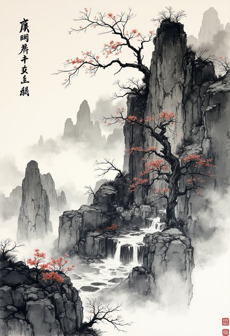 A masterpiece of (japanese ink painting) style.    HD32K, hyperdetailed, best quality, aidmaMJ6.1.