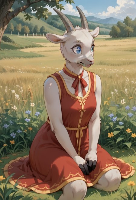 score_9, score_8_up, score_7_up, g04t, 1girl, solo, furry, goat, blue eyes, grey fur, horns, red dress, sleeveless, cowboy shot, meadow, sitting on ground,