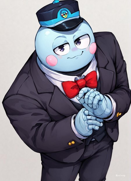 score_9, score_8_up, score_7_up,  <lora:bslou:1>bslou   , 1 boy , robot, black hat , Elegant Hat  , blue body , blush stickers,  red bowtie , black suit , looking at viewer,