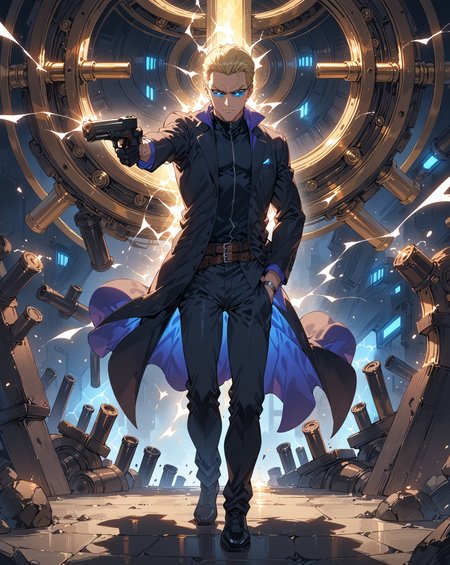 score_9, score_8_up, score_7_up, score_6_up, source_anime, rating_explicit, ah1, best quality, (masterpiece:1.4), (high quality:1.4), sharp focus, 4k, absurd resolution, <lora:albertwesker-guy-PONYv1:0.8> albertwesker, albert wesker, 1boy, solo, blonde, black gloves, sunglasses, belt, pants, black coat, black pants, looking at viewer, toned, athletic, fit, slicked back hair, black turtleneck, zipper, mature male, (graphene textured clothes), black boots, (mad Scientist's Lair, Chaotic workspace cluttered with beakers and test tubes, bubbling concoctions and crackling electricity, strange contraptions and curious inventions, the laughter of a maniacal genius), bad-hands-5, ((fucked silly expression)), <lora:xl_more_art-full_v1:0.4>, <lora:shinyskin2:0.3> glistening skin, <lora:aesthetic_anime_v1s:0.4>, <lora:Expressive_H:0.4> Expressiveh, <lora:hairdetailpxl:0.4> hairdetailpxl, <lora:EpicF4nta5yXL:0.4>, <lora:detailxl:0.4> detailxl, <lora:Fant5yP0ny:0.4>, (focused, intense glare), slit pupils, short hair, (blue eyes), <lora:YusufDikecGunPose_pdxl_Incrs_v1:0.8> ((holding weapon, holding gun, handgun, hand in pocket, aiming)), full body, illustration, Volumetric_Lighting, ultra-detailed, very aesthetic, intricate details, absurdres, 8k, masterpiece, best_quality,