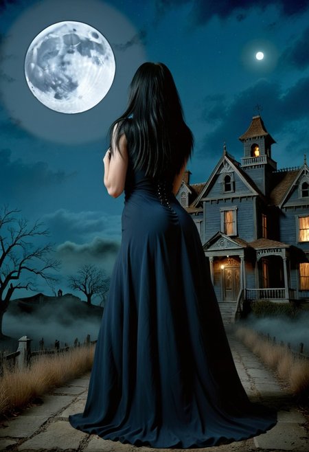 Female, black hair, long black dress,, illustration, haunted house with full moon background, intricate details, dark blue sky, wolf howling in the distance