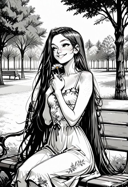 masterpiece, best quality, 32k, high resolution, absurdres, Jedsk5tch, sketch, black and white, monochrome, Ginger, GingerRH, Very long  hair, straight hair, parted bangs, freckles, chest freckles, , small breasts, floral sundress, sitting on a bench, park, smiling, looking away, holding a flower, detailed, outdoors,, hands on chest, focus on face, screentones, shadows, chiaroscuro