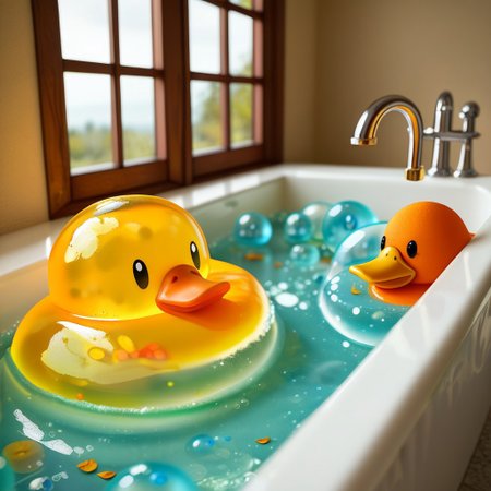 {1duck, 1 bath duck made out of slime, (slime duck:1.5), (yellow slime body:2), (orange slime beak:2), (glossy black eyes:1.5), translucent slime duck, transparent slime duck}
hud_sp_bth, flower, petals, water, bath, in an elegant bath tub, bubbles made out of slime, slimes hiding in the bath bubbles, bubble bath, perspective from inside tub, prespective from inside bath, lots of frothy bubbles, 
everything made of slime, No simple background,
((translucent slime)), ((transparent slime)), (bioluminescent slime), sl1m3d, slime, slime-morph, saturated colors, no humans, no people, no man, no woman,