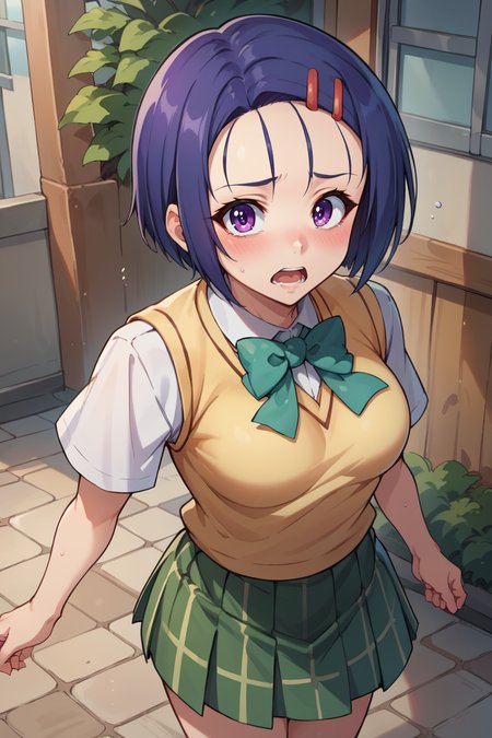 score_9, score_8_up, score_7_up, score_6_up, source_anime BREAK 1girl, solo  <lora:tlrharuna-pdxl-nvwls-v1-000005:1> tlrharuna, medium hair, hairclip, green bowtie, yellow sweater vest, white shirt, short sleeves, green miniskirt, plaid, short skirt, blush, open mouth, flustered, looking at you, from above