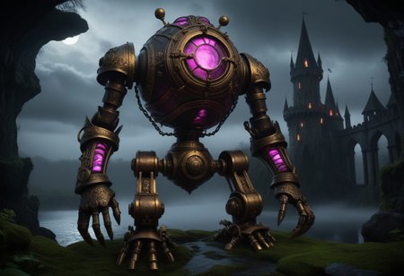 giant bipedal robot brass and dark pink striped paint, bronze paisley robot. lacy robot metal. glass jar helmet torso head. outside of a steampunk keep. large detailed torso. dark image. one forty foot tall ancient robot with great arms and two heavy spring legs. dark foggy night background. $dark foggy night image only. dark photo realistic image. steampunk details. cogs, chains and pipes incorporated in the fantasy buildings. magic wizards tower in background. Dark swamp, moss, castle ruins, wizards tower. stormy dark night.  stormy sky.  rain