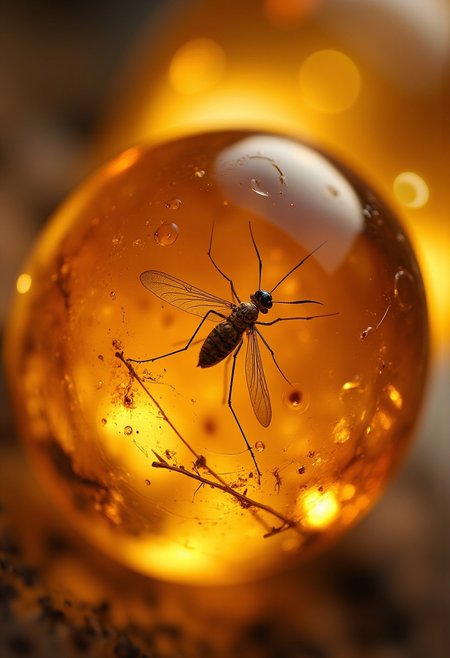 improved cinematic photo, 35mm photograph, film, professional, 4k, highly detailed,
An amber fragment enclosing a mosquito,
The amber fragment is a smooth, slightly irregular sphere, roughly the size of a marble, with a warm golden-brown hue. Its surface is polished, gleaming softly under light, revealing a mesmerizing play of golden, honey, and orange tones. Tiny air bubbles and organic inclusions are scattered throughout, lending it a sense of antiquity and natural complexity.
Inside, a perfectly preserved mosquito lies suspended in time, its delicate body encased in the translucent amber. The mosquito's fragile wings are intricately veined, spread slightly as if caught mid-flight, shimmering faintly under the amber’s glow. Its slender legs are bent, and its long proboscis is clearly visible, emphasizing its ancient yet recognizable anatomy.
Around the mosquito, subtle striations and minute organic fragments, possibly plant material or dust, create a vignette that frames the insect. The amber’s clarity varies in places, with some sections slightly cloudy, further accentuating the mosquito as the focal point. The fragment feels timeless, a tiny time capsule offering a glimpse into a prehistoric world millions of years ago