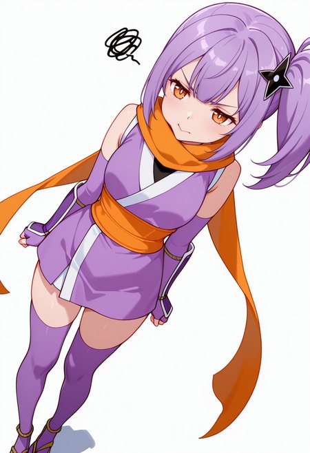 masterpiece,high quality details, absurdres,
 <lora:Satoko_Kusagakure:0.8>
satoko_cnr, 1girl, purple hair, long hair, side ponytail, bangs, orange eyes,hair ornament,sidelocks, enh_cnr,
satoko_s1, ninja, japanese clothes,short kimono, sleeveless, sash, scarf, purple thighhighs, sandals, fingerless gloves, elbow gloves,, simple background, white background, dynamic angle,solo,, frustrated,annoyed,, :>=,