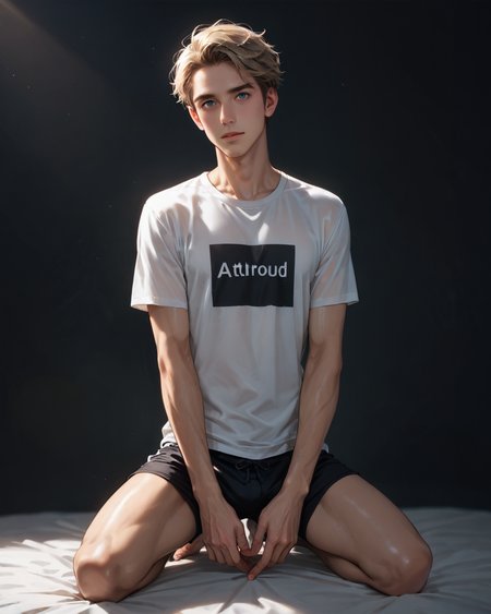 score_9, score_8_up, score_7_up, score_6_up, score_5_up, score_4_up, rating_questionable, 
<lora:KC-1:0.5>, dramatic lighting, glistening skin,
intricately detailed, photo studio with black backdrop, black background,
1boy(human, glistening skin, handsome, sexy, seductive, posing, looking at the viewer, friendly expression, kneeling,
pale skin, european, blond hair, 
twink, slender, 
loose t-shirt, shorts),
depth of field, 
<lora:xl_more_art-full_v1:0.4>,
<lora:add-detail-xl:0.4>