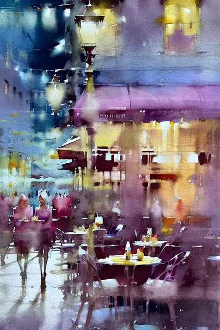 Watercolor masterpiece,city street scene,corner outdoor cafe,dusk,impressionist art paintings by Jeremy Mann,Miles Johnston,Alasdair McLellan,Daniel Merriam,Peter Glick,Darius Klimza,gorgeous art,beautifully lit,surreal,ethereal,exquisite details,brilliant,wonderful,outstanding,amazing colors,mysterious,watercolor wash,<lora:Watercolor _sdxl:1.9>,Watercolor style,