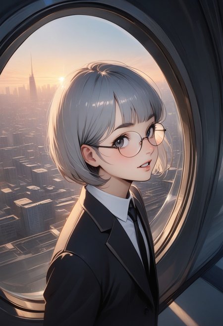 ((man)) with bristle, (graphic novel style, dark novel style:1.5),(anime), (masterpiece:1.4), (soft cinematic light:1.1), incredibly lifelike, Extremely high-resolution details, 8k, best quality,extremely detailed, contrast,
high tech design, fullbody, 
 gallery of contemporary art, inside, portrait old woman against the backdrop of a giant floor-to-ceiling window, through which one can see a city landscape with skyscrapers and a sunset , open mouth, 
man in a classic black suit 
white shirt and black tie keeps his hand on his jacket, black loafers, (((gray ((short)) bob hair))), [Nordic], round glasses, round black eyes, thin lips, bristle sharp chin, diamond long face, gray sideburns, small ears, thick gray eyebrows, sunken cheeks, (bristle)),