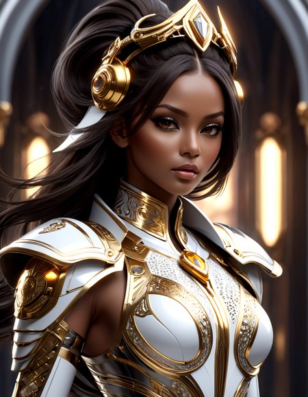 masterpiece, best quality, absurdres, digital art, 3d render, 3d graphics,  <lora:sssx:0.7> michiko_malandro, dark-skinned woman, full lips, long hair,  dark brown hair, brown eyes,
A stunning image showcases a young woman in an elaborate, futuristic outfit that combines elements of armor and high fashion. Her suit is predominantly white with intricate silver and gold patterns, featuring bold yellow accents that add a vibrant contrast. The outfit is form-fitting, highlighting her figure, and includes detailed, ornamental designs that suggest both elegance and strength. She wears a unique headpiece with white and gold elements, complementing her dark hair styled in a high ponytail.
The background is dynamic and intense, with a smoky atmosphere and colorful sparks or embers flying through the air, hinting at a dramatic, action-packed setting. Her expression is calm and composed, exuding confidence and determination as she strides forward, making her presence both commanding and captivating.